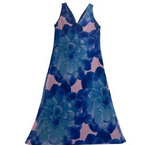 VTG Tessuto Floral Maxi Dress Women's Medium Blue Pink Sleeveless‎ Made USA